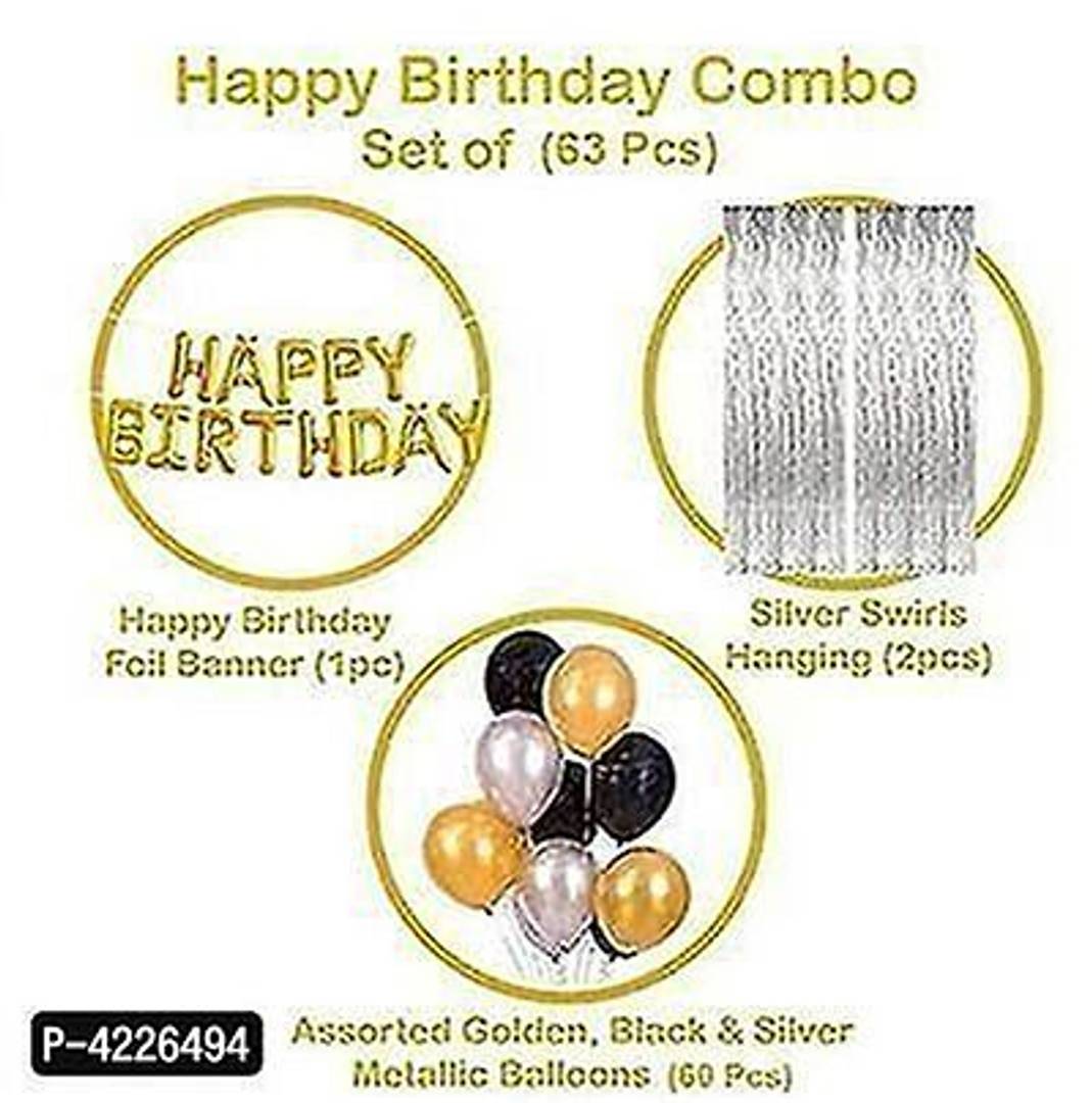 63 Pcs Combo Happy Birthday Letter Foil Balloon  + Silver Fringe Curtain  + Metallic Balloons