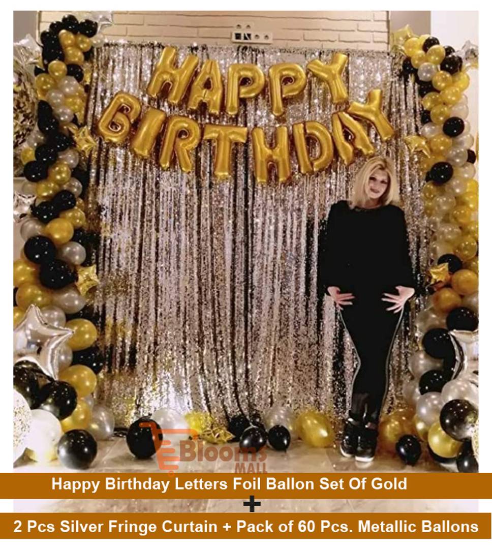 63 Pcs Combo Happy Birthday Letter Foil Balloon  + Silver Fringe Curtain  + Metallic Balloons