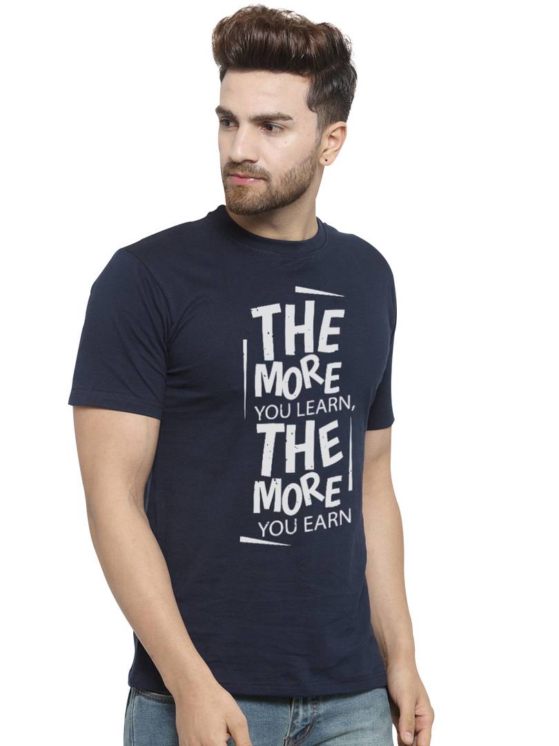 Navy Blue Printed Cotton Round Neck T-Shirt