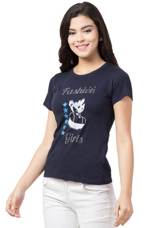 Stylish Blue Cotton Blend Printed T-Shirt For Women