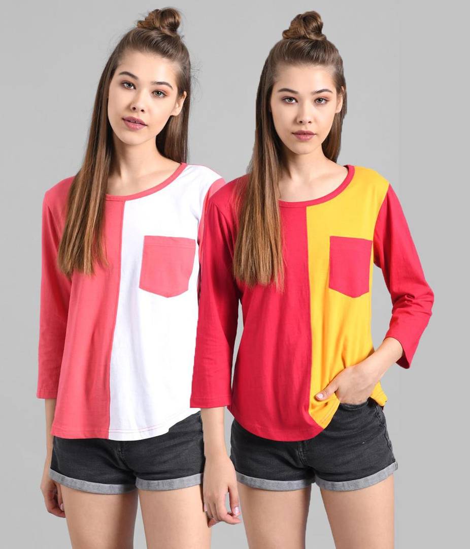 Women's Stylish and Trendy Multicoloured Cotton Colourblocked Round Neck Tees (Pack of 2)