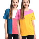 Women's Stylish and Trendy Multicoloured Cotton Colourblocked Round Neck Tees (Pack of 2)