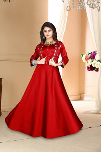 Versatile Red Satin Embroidered Stitched Gown