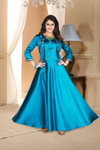 Versatile Sky-Blue Satin Embroidered Stitched Gown