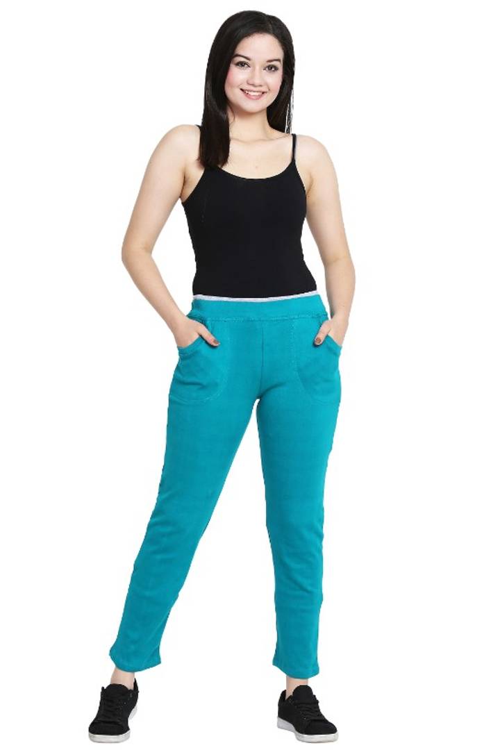 Fashionable Turquoise Cotton Solid Trouser For Women