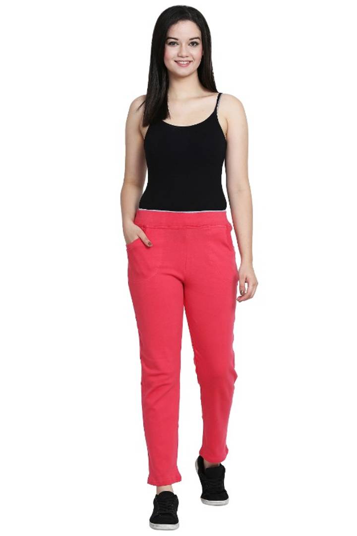 Fashionable Pink Cotton Solid Trouser For Women