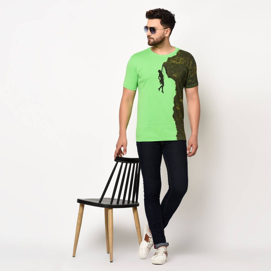 Green Printed Cotton Round Neck T-Shirt