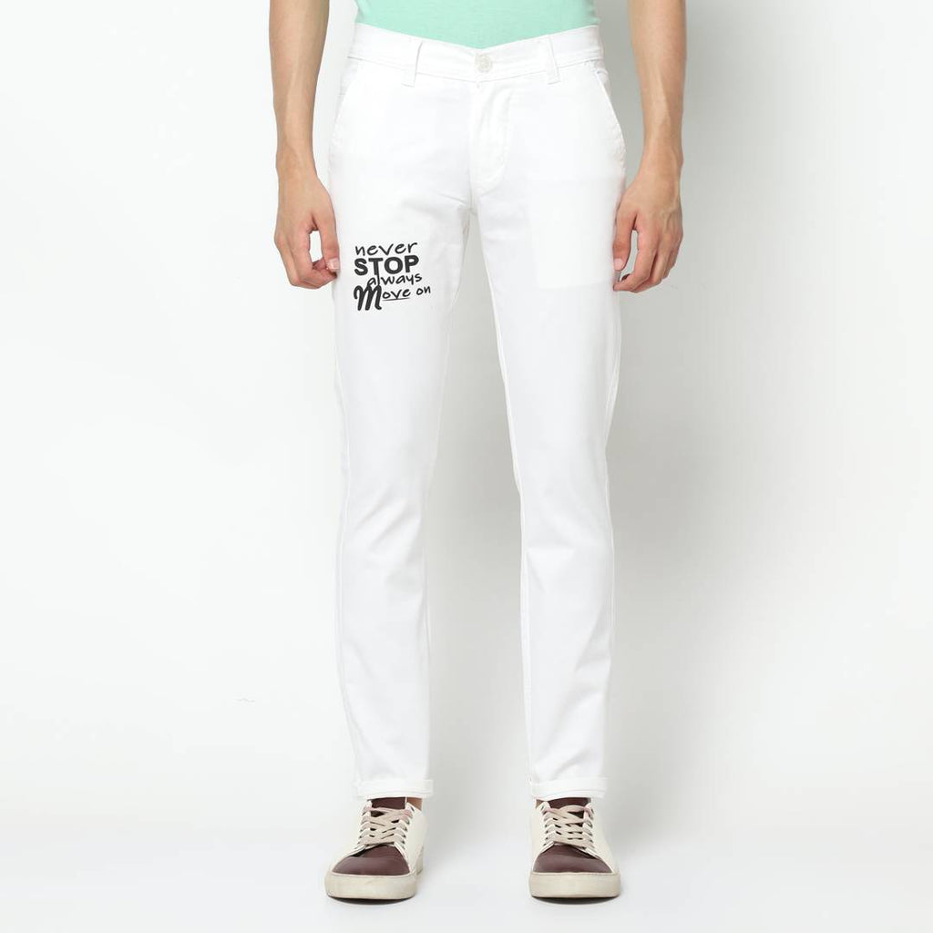 Men's White Slim Fit Printed Casual Trousers
