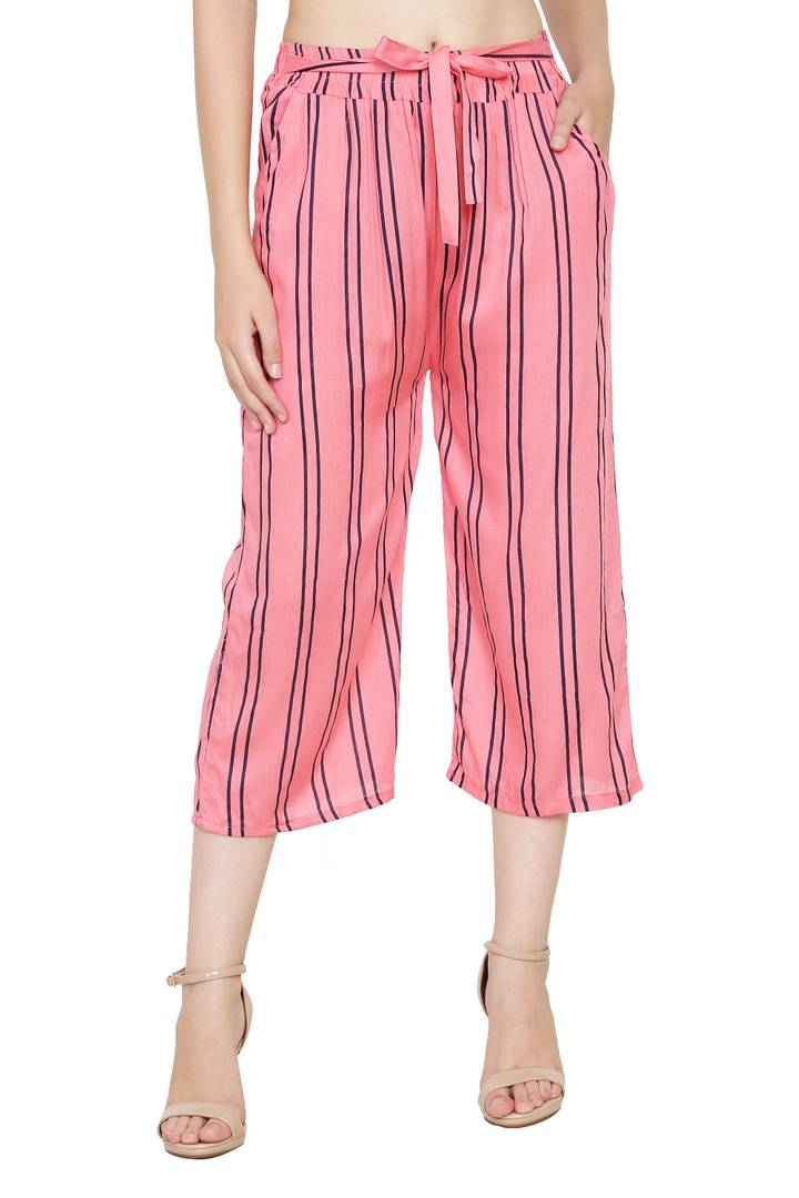 Stylish Rayon Pink Striped Capri For Women