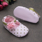 Round Toed Polka Print Flower Detail Soft Booties-Baby Pink