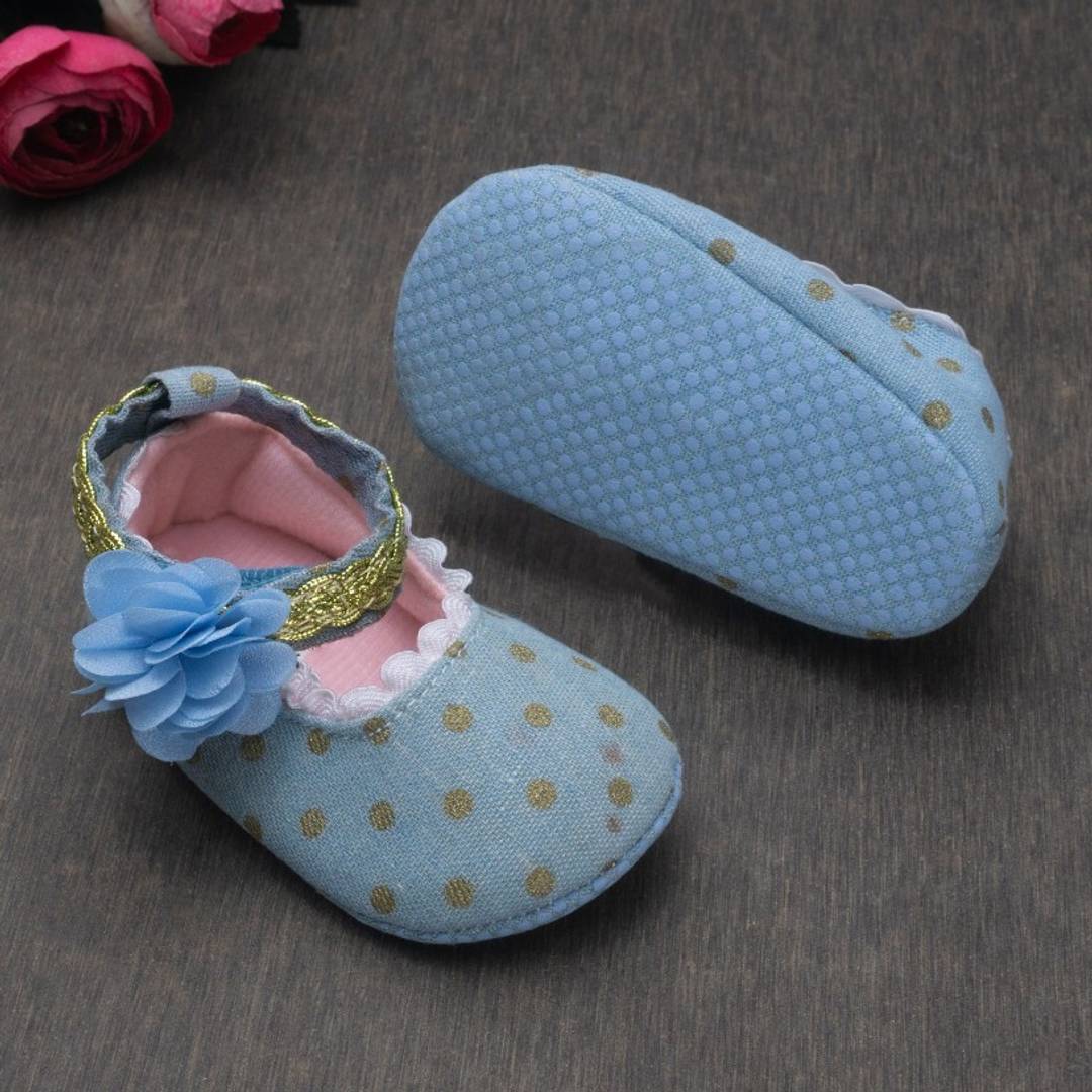 Round Toed Polka Print Flower Detail Soft Booties-Blue