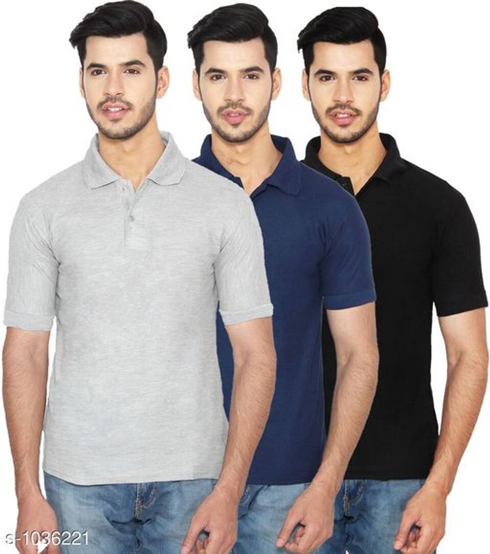 Men's Multicoloured Cotton Blend Solid Polos - Pack Of 3