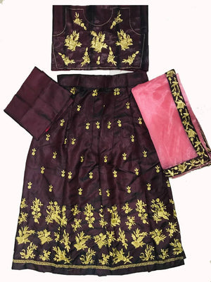 Elegant Brown Embroidered Silk Girls Lehenga Cholis With Dupatta