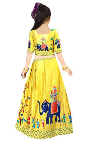 Elegant Yellow Printed  Satin Girls Lehenga Cholis With Dupatta