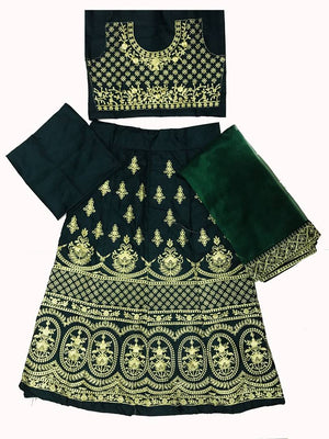 Elegant Green Embroidered Silk Girls Lehenga Cholis With Dupatta