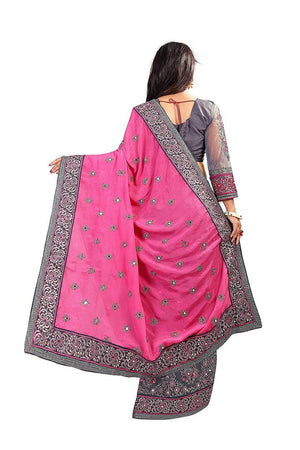 Women's Pink Chiffon Embroidered Bollywood Saree with Blouse piece