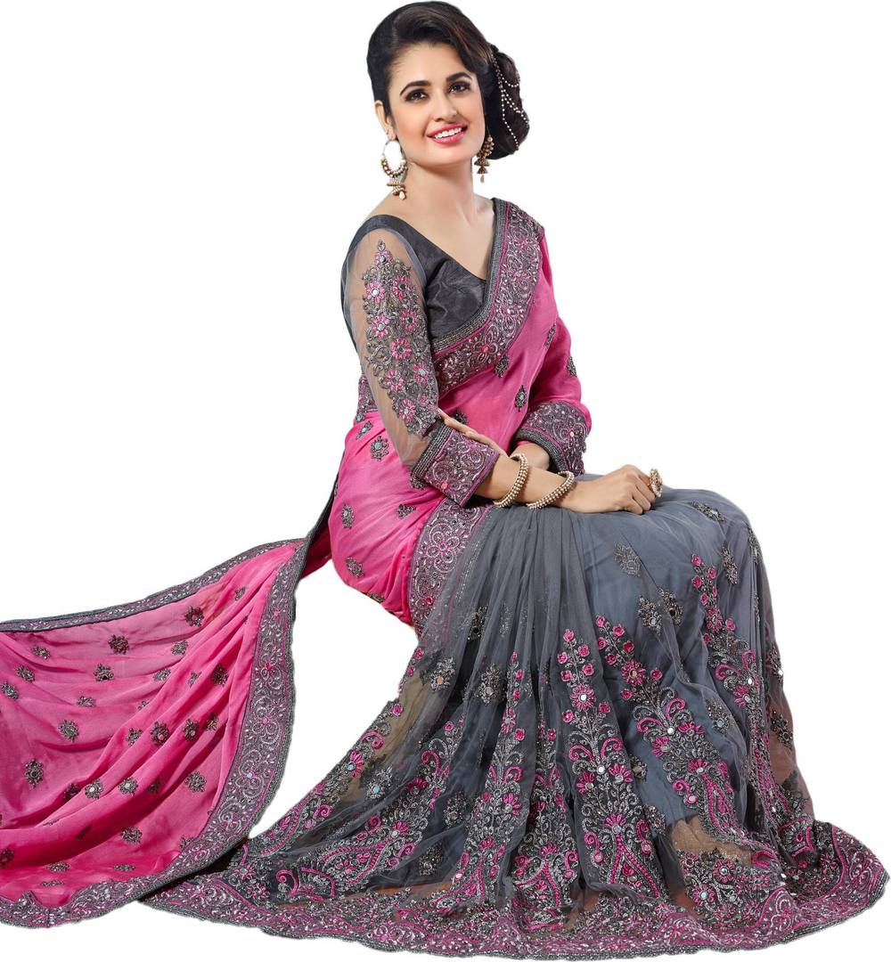 Women's Pink Chiffon Embroidered Bollywood Saree with Blouse piece
