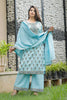Women's Cotton Taj Gold Printed & Bijiya Work Sky Blue Kurti With Palazzo Dupatta Set