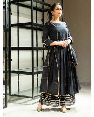 Stylish Cotton Gota Patti Work Anarkali Kurta With Palazzo And Dupatta Set