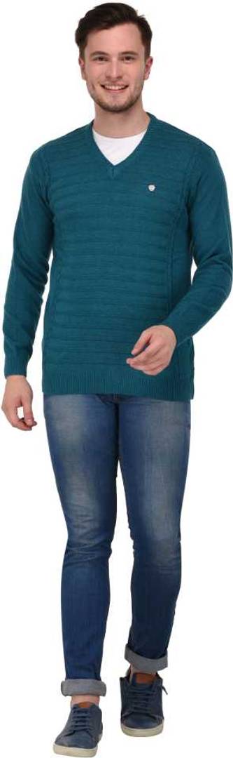 Stylish Blue Solid Wool Long Sleeves V-neck Sweater