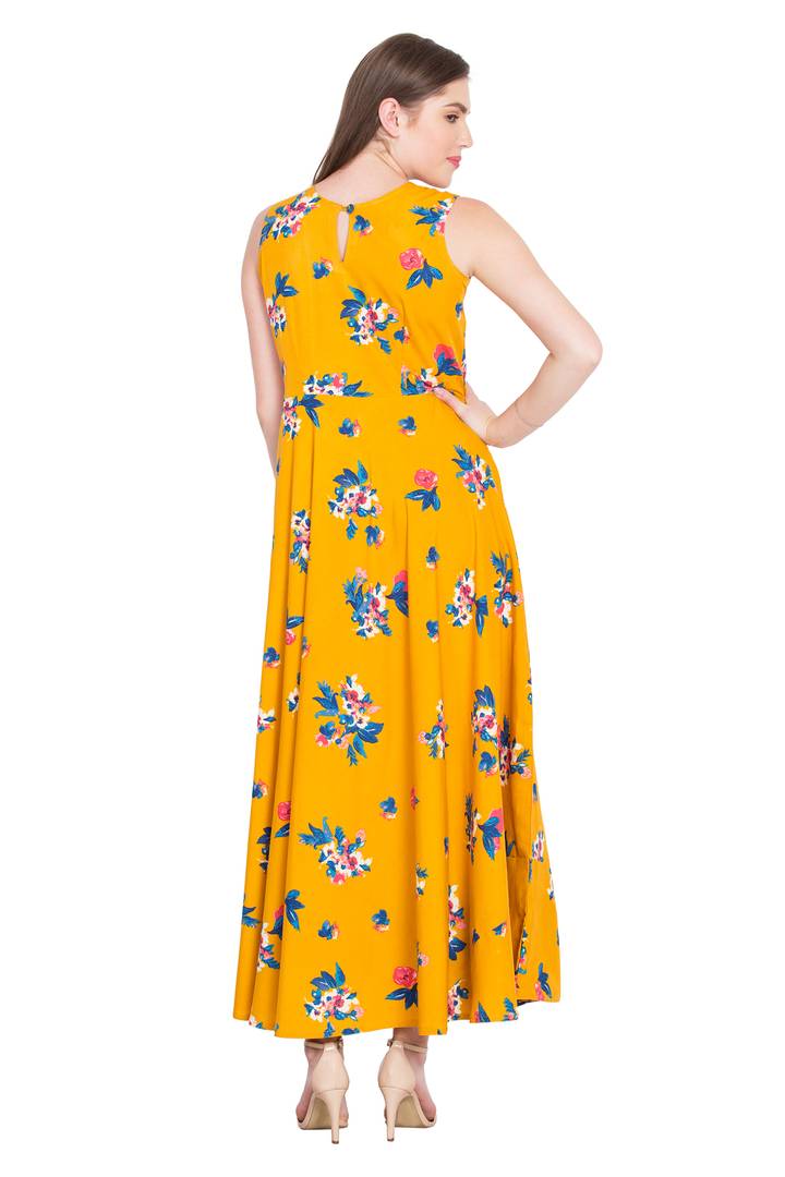 Yellow Crepe Printed Gown For Women's
