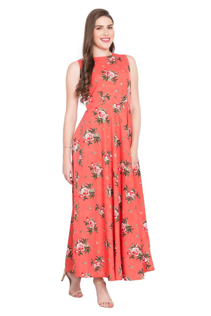 Peach Crepe Printed Gown For Women's