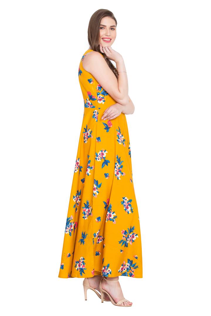 Yellow Crepe Printed Gown For Women's