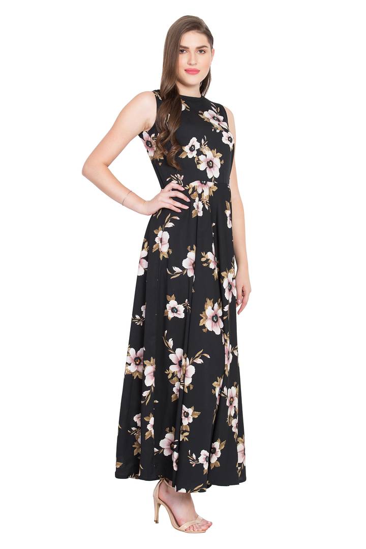 Black Crepe Printed Gown For Women's