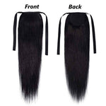 Tie Up Ponytail Human Hair Extensions With Ribbon Binding Comb Clip In Long Straight Pony Tail For Women, 20 Inch-Black
