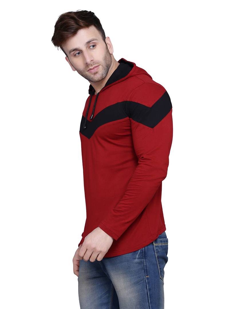 Stylish Cotton Blend Maroon Colourblocked Hooded T-shirt