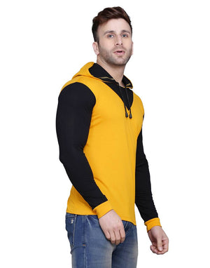 Stylish Cotton Blend Yellow Solid Hooded T-shirt For Men