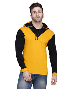 Stylish Cotton Blend Yellow Solid Hooded T-shirt For Men