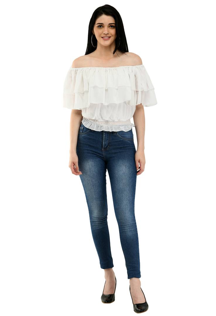 Stylish Polyester Ruffled Solid Off Shoulder Top For Women