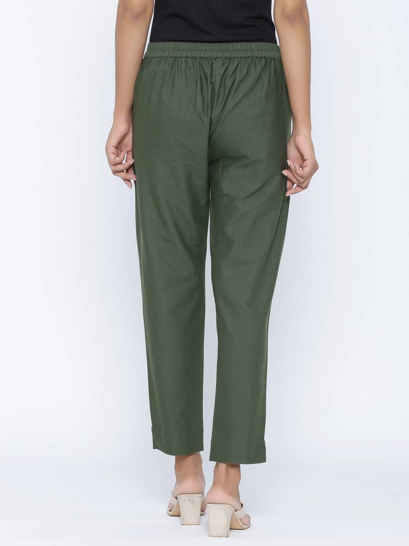 Fashionable Green Cotton Blend Solid Trouser Pant For Women