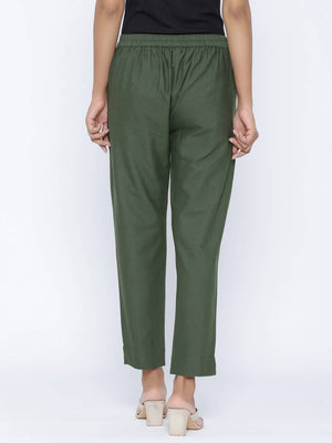 Fashionable Green Cotton Blend Solid Trouser Pant For Women