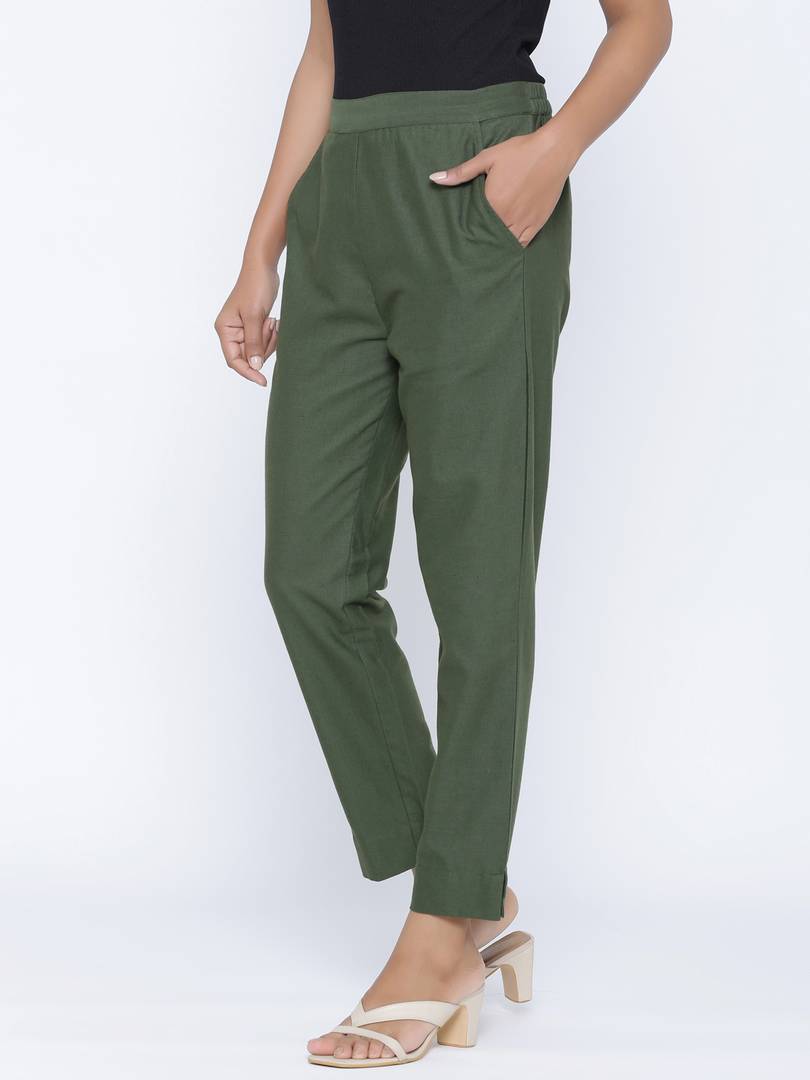 Fashionable Green Cotton Blend Solid Trouser Pant For Women