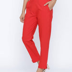 Fashionable Red Cotton Blend Solid Trouser Pant For Women