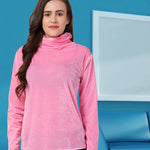 Modern Pink Solid Velvet Turtle Neck Full Sleeves Top For Women