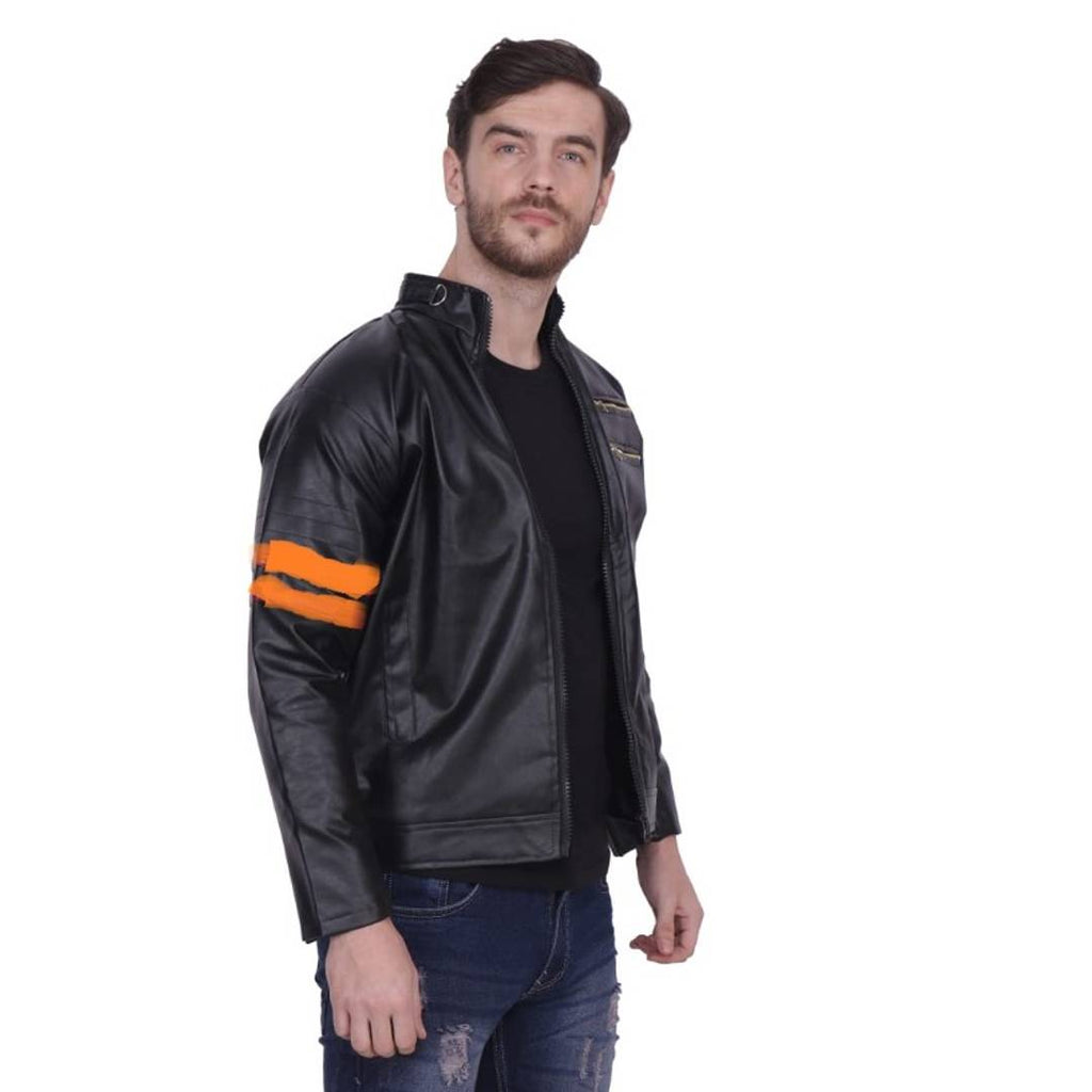 Branded High Quality Black / Orange Line Faux Leather Jacket For Men's & Boy's
