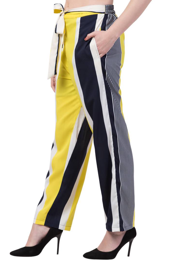 Elegant Yellow Striped Crepe Trousers For Women