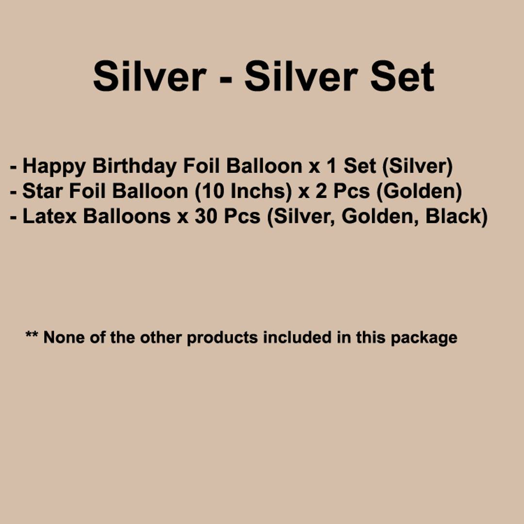 Happy Birthday Silver (13 Letter)Foil+ 2 Star Foil (10 Inchs)(Golden)+ 30 pcs Balloons (Silver, Golden,Black)