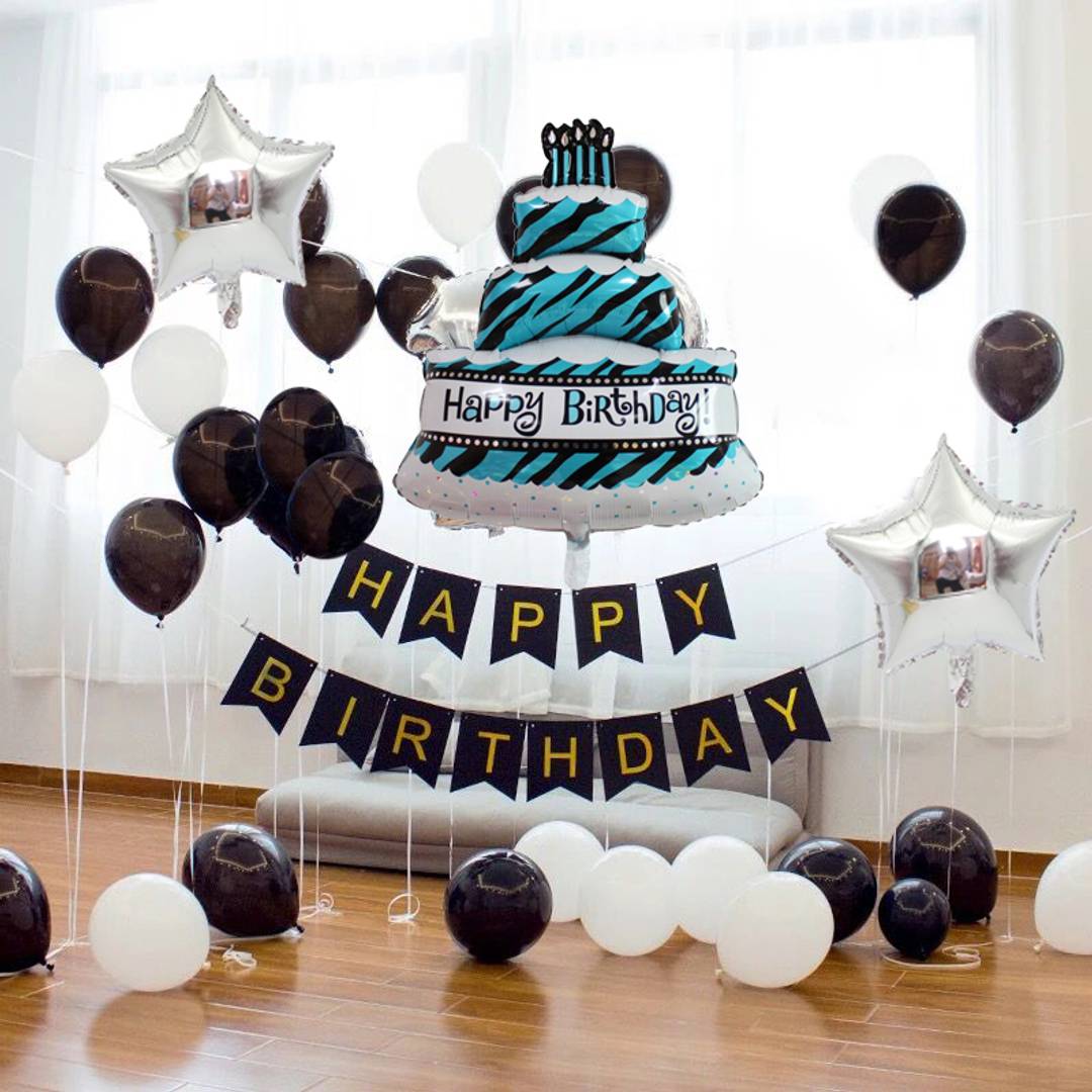 Happy Birthday Black Banner+ Cake Foil+ 2 Star Foil( 18 Inchs )(Silver)+ 30 pcs Balloons (Black,White)