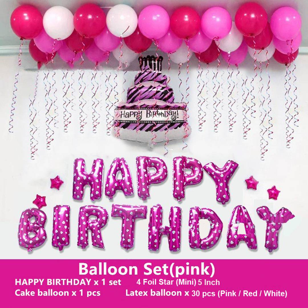 Happy Birthday Pink (13 Letter)Foil + 1 Cake Foil + 4 Stars Foil (5 Inchs)(Pink)+ 30 Balloons (Pink, Red, White)