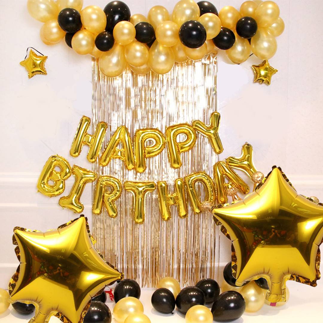 Happy Birthday Golden (13 Letter)Foil + 2 Stars (10 Inchs) + 2 Stars Foil (18 Inchs)(Golden)+ 2 Cutains (Golden)+ 30 Balloons (Golden, Black)