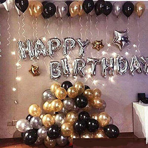 Happy Birthday Silver Foil Balloon+ 30 Metallic Balloons (Black, Gold and Silver)
