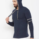 Elegant Navy Blue Cotton Self Pattern Hooded T Shirt