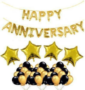 Anniversary (Golden) + 4 stars GOlden + 20blk 20golden Balloons Decoration Celebration for Happy Birthday Anniversary