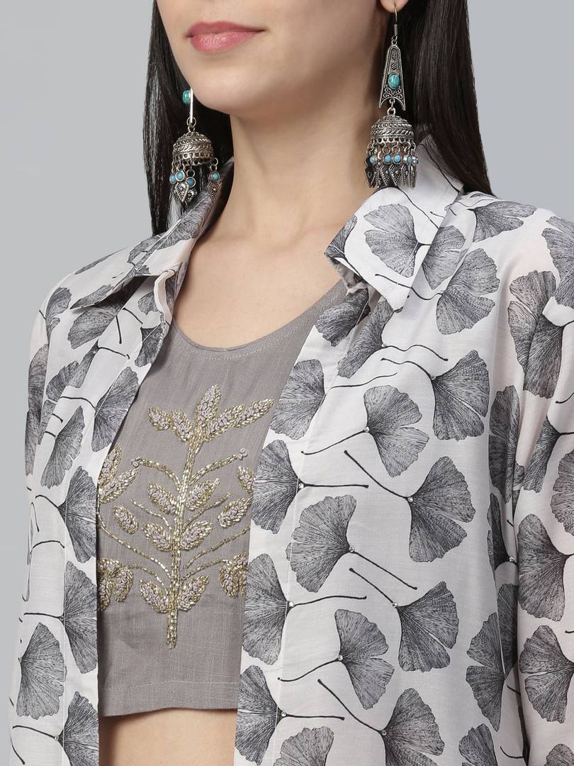 Stylish Grey Printed Shrug with Embroidered Top with Palazzo Set