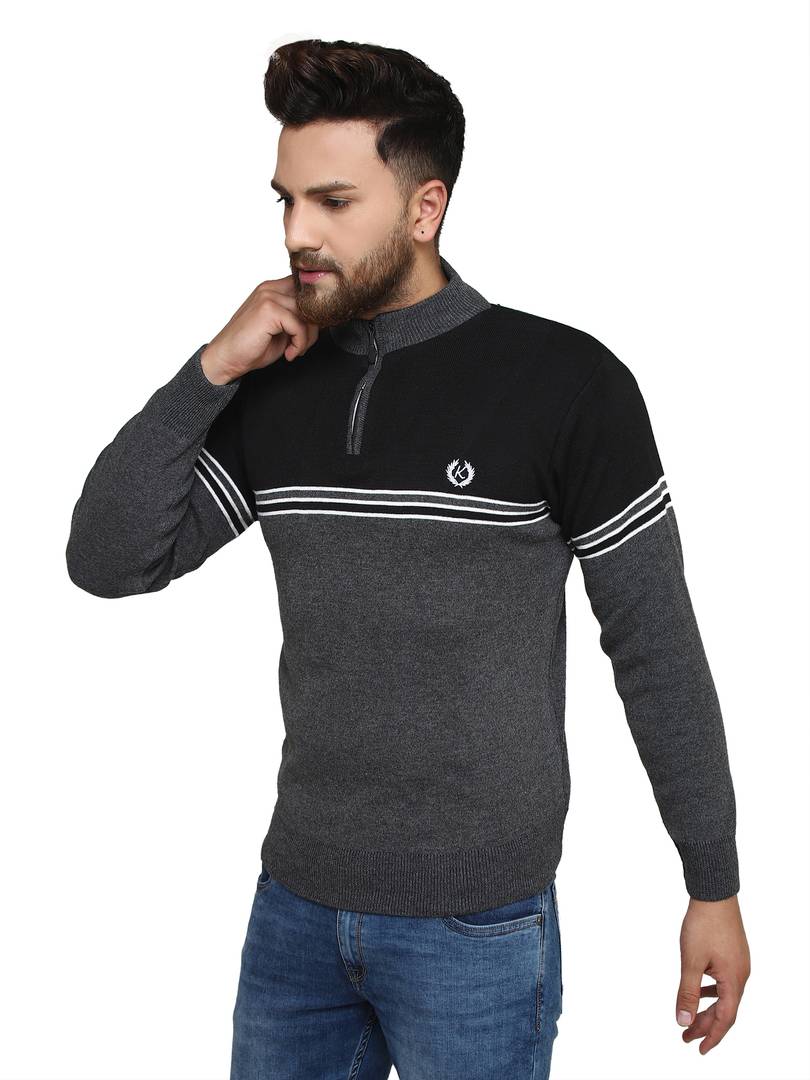 Striped Grey Synthetic Long Sleeves Turtle Neck  Sweaters