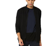 Men's Solid Long Sleeves Black Fleece Open Front Jacket